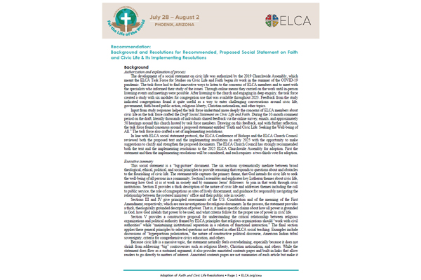 05-07 Recommendation: Background and Resolutions for Recommended, Proposed Social Statement on Faith and Civic Life & Its Implementing Resolutions