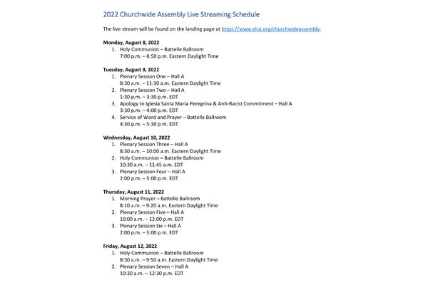 Churchwide Assembly 2022 Live Streaming Schedule