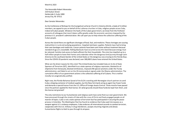 Cuba embargo letter to Senator Menendez