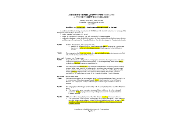 2019 Amendments to the Model Constitution for Congregations