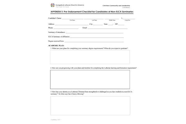 Pre-Endorsement Checklist for Candidates at Non-ELCA Seminaries (Appendix E)