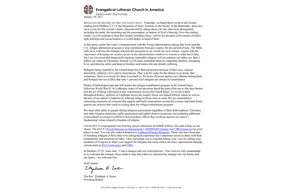 Bishop Eaton Letter on Refugee and Immigrant Executive Order