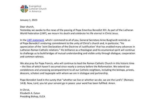 ELCA presiding bishop issues message on death of Pope Benedict XVI