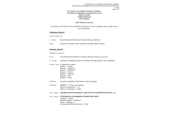 Church Council Agenda March 5-8, 2020