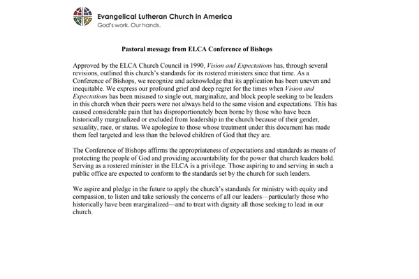 ELCA Conference of Bishops Statement on Vision and Expectations