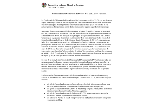 ELCA Conference of Bishops Statement on Venezuela 2019 – Spanish