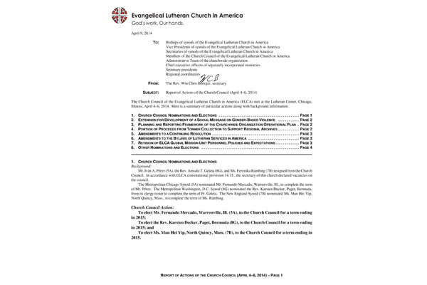 Church Council Actions April 4-6, 2014