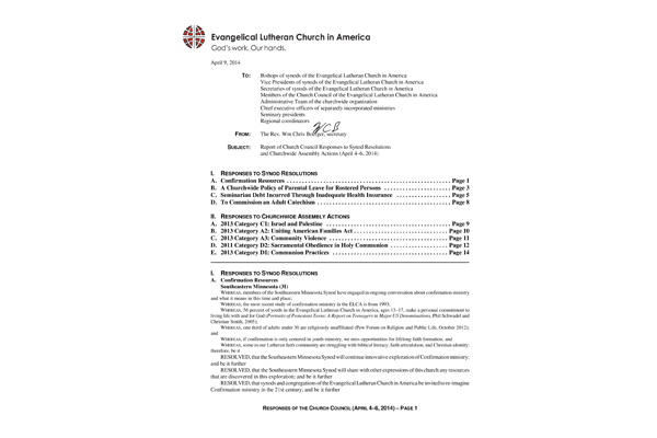 Church Council Responses April 4-6, 2014