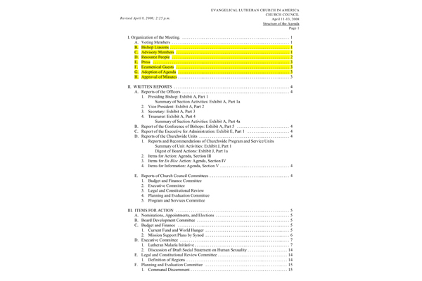 Church Council Agenda April 11-13, 2008