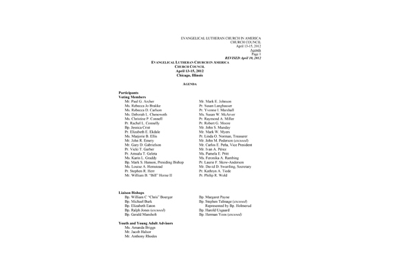 Church Council Agenda April 13-15, 2012