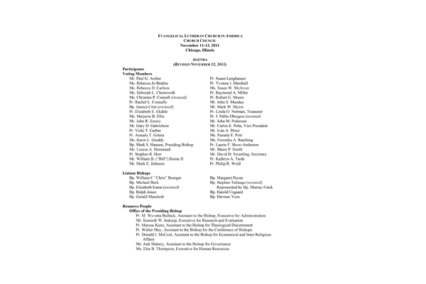 Church Council Agenda November 11-13, 2011