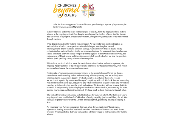 Churches Beyond Borders Advent 2020 Statement