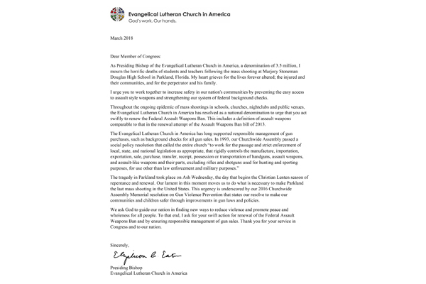 ELCA Presiding Bishop Letter to Congress on Gun Violence Prevention