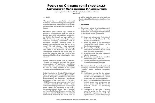 Criteria for Synodically Authorized Worshiping Communities