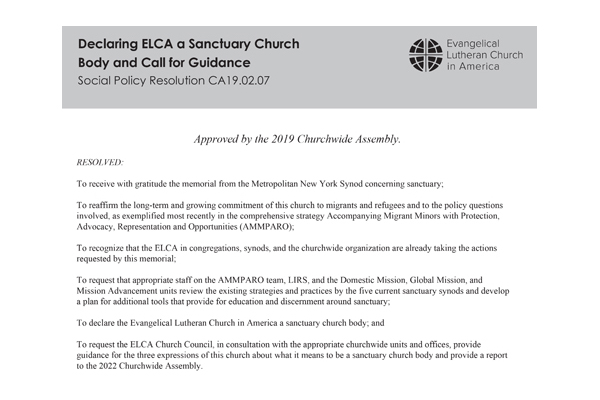 Declaring ELCA a Sanctuary Church Body and Call for Guidance SPR19