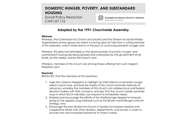 Domestic Hunger and Poverty SPR91