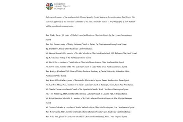 ELCA Human Sexuality Reconsiderations Task Force Members List