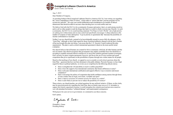 ELCA Letter on Iran Nuclear Agreement