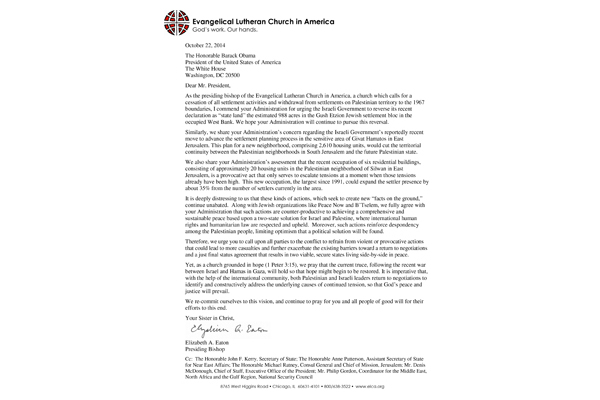 Letter to President on Israel settlement activities