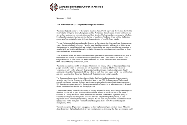 ELCA statement on US response to refugee resettlement