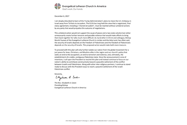 Bishop Eaton's Letter on the US Embassy in Israel