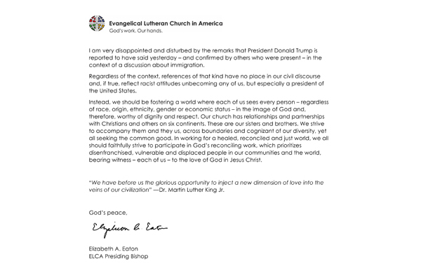 ELCA Presiding Bishop responds to reported racist comments