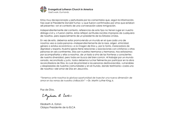 ELCA Presiding Bishop responds to reported racist comments