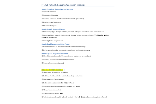 FFL Full tuition Scholarship Application Checklist