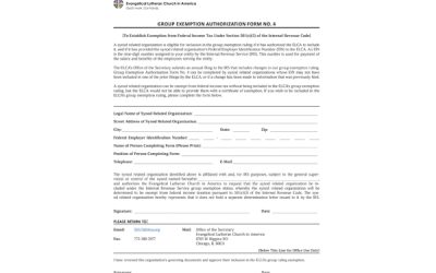 Group Exemption Authorization Form for Synod Related Organizations
