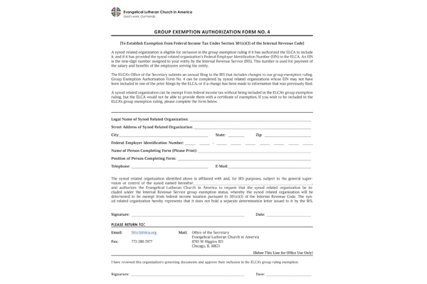 Group Exemption Authorization Form for Synod Related Organizations