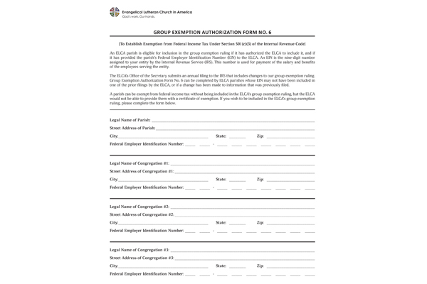 Group Exemption Authorization Form for Parishes