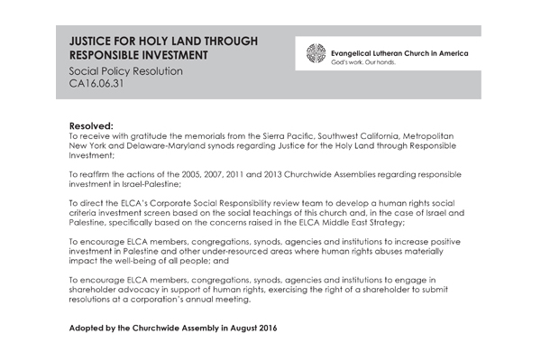 Justice for Holy Land Through Responsible Investment SPR16