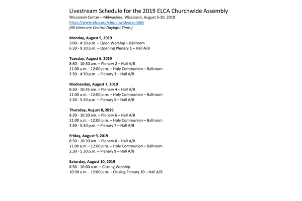 Livestream Schedule for the 2019 ELCA Churchwide Assembly