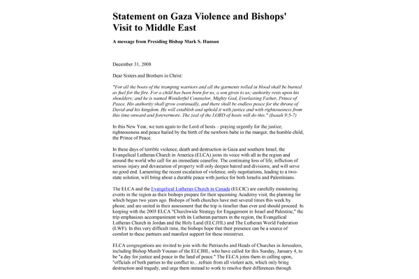 2008: Statement on Gaza Violence