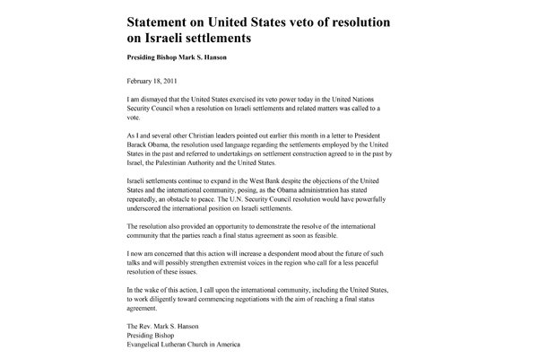 2011: Letter about US Veto on Israeli Settlement Expansion