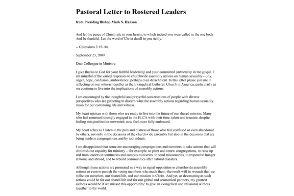 2009: Letter to Rostered Leaders