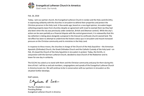 ELCA Presiding Bishop Pastoral Message on Jerusalem