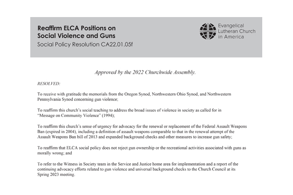 Reaffirm ELCA Positions on Social Violence and Guns SPR22