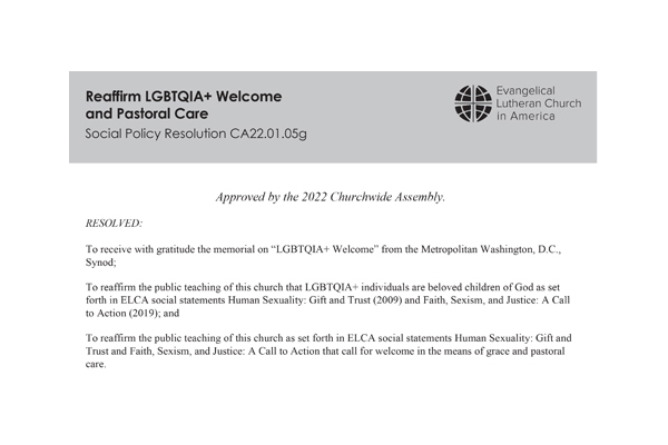 Reaffirm LGBTQIA+ Welcome and Pastoral Care SPR22