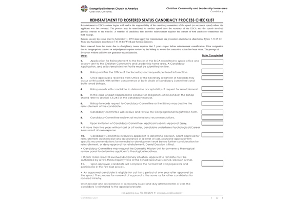 Reinstatement to Rostered Status Candidacy Process Checklist