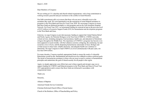 March 2020 Letter on UNRWA funding and bilateral aid to WB and Gaza