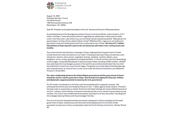 Presiding Bishop Eaton Letter to US President and Congress Regarding Situation in Gaza