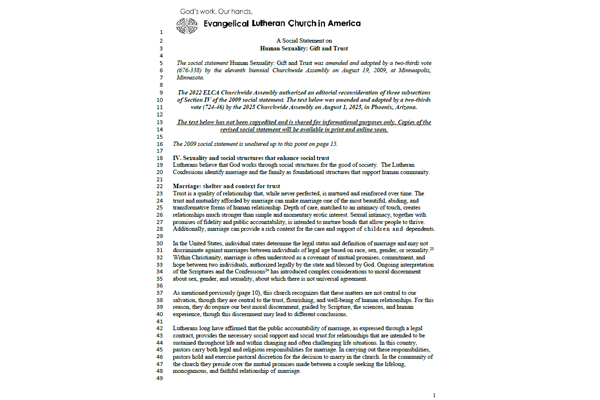 Human Sexuality: Gift and Trust Social Statement Preliminary Copy 2025