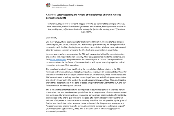 A pastoral letter from the ELCA presiding bishop regarding the actions of the Reformed Church in America General Synod 2021