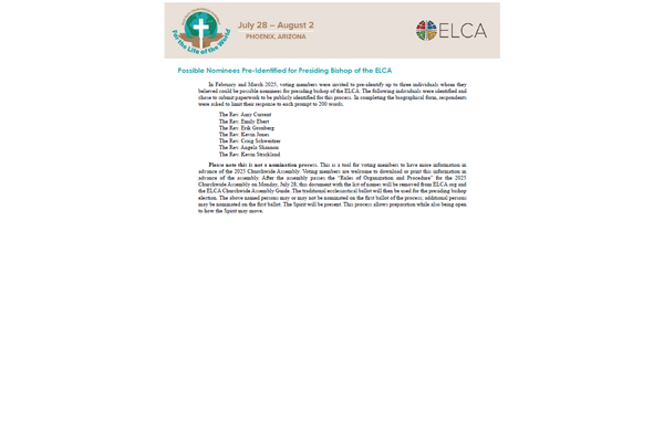 Possible Nominees Pre-Identified for Presiding Bishop of the ELCA