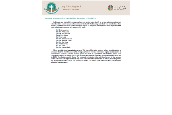 Possible Nominees Pre-Identified for Secretary of the ELCA