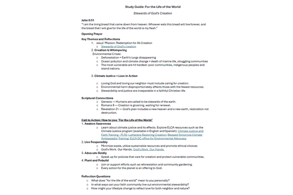 Stewards of God’s Creation Bible Study Guide for CWA 205 Pre-Events