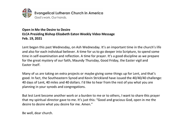 Presiding Bishop Weekly Video Message