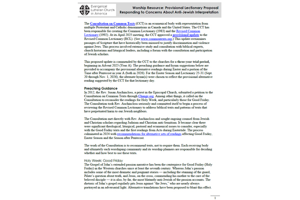 Worship Resource: Provisional Lectionary Proposal Responding to Concerns About Anti-Jewish Interpretation